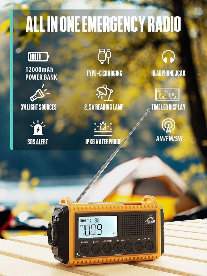 Notfallradio | 12000mAh Powerbank | Kurbelradio |Solar Radio mit Weltempfänger | AM/FM/SW, SOS, USB-