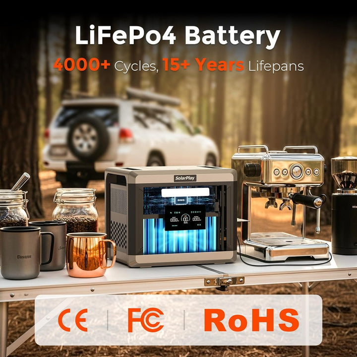 SOLARPLAY Tragbare Powerstation 2400w, 2160wh Solargenerator mit LiFePO4 Akku, 12 Anschlüsse, UPS, P