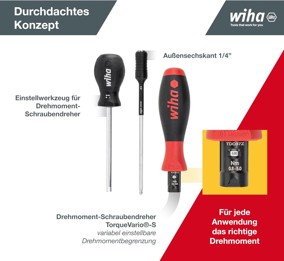 Wiha Drehmoment-Schraubendreher 0,8-5,0 Nm inkl. Box + Bitset TorqueVario®-S, 14-tlg., Pozidriv/ TOR