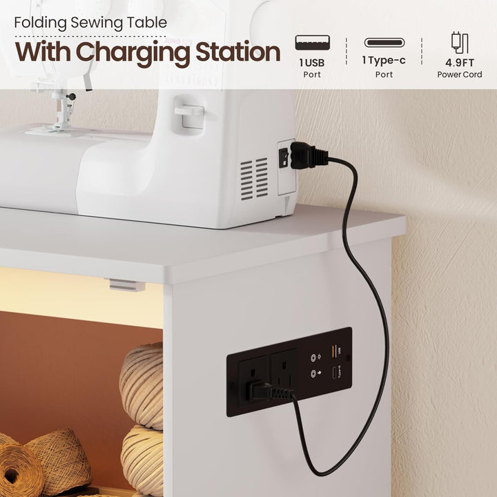 Gurexl 2 in 1 Nähtisch klappbar mit Ladestation und Led Beleuchtung,Nähmaschinentisch mit Ablagefach