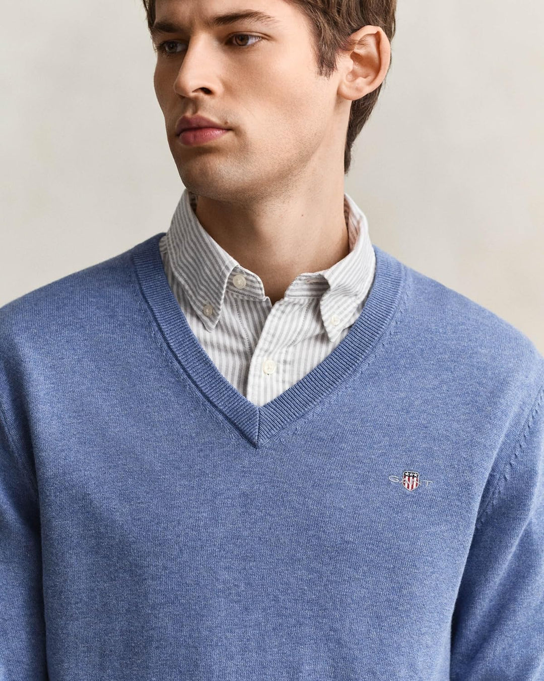 Gant Herren Classic Cotton V-Neck Pullover M Denim Blue Melange, M Denim Blue Melange