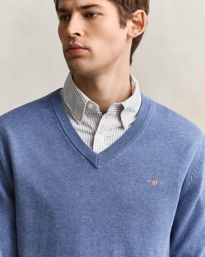 Gant Herren Classic Cotton V-Neck Pullover M Denim Blue Melange, M Denim Blue Melange