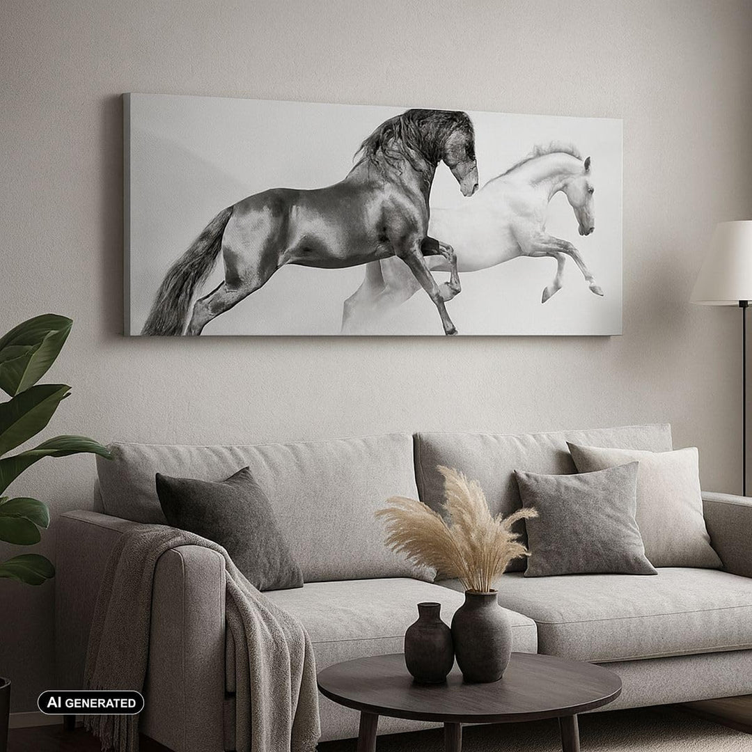Wandbilder Dekoration Wohnzimmer Pferde Tiere Galopp Wiese Panorama Bilder auf Leinwand 120x50cm Lei