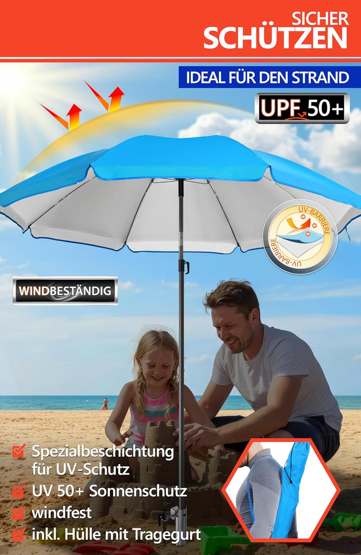 4smile Sonnenschirm Strand SET mit Eindrehbodenhülse, Ø 200 cm, Blau | Strandschirm Windfest Stabil