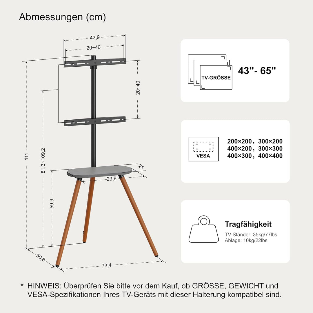 ECOTINY TV staffelei für 40 bis 65 Zoll LCD LED OLED Bildschirm bis zu 35 kg, höhenverstellbar und s