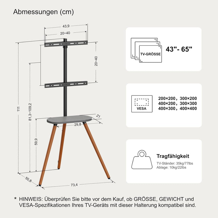 ECOTINY TV staffelei für 40 bis 65 Zoll LCD LED OLED Bildschirm bis zu 35 kg, höhenverstellbar und s