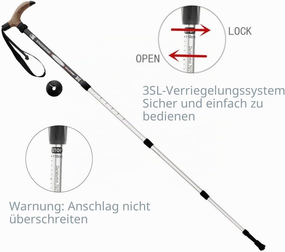 KRY Bergstock / Wanderstock, T-förmiger Griff, einziehbar, aus Luftfahrt-Aluminiumlegierung, verstel