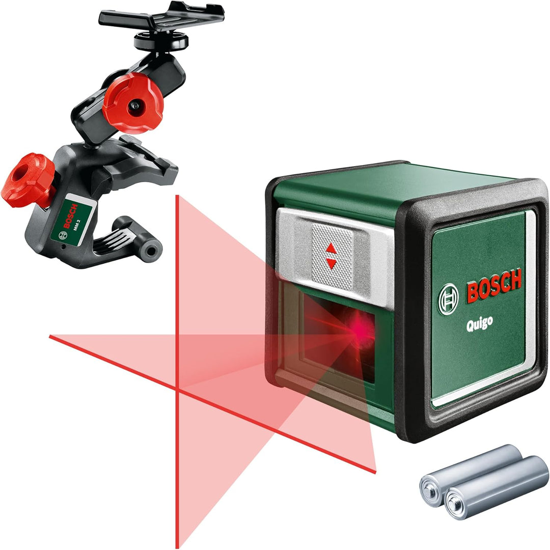Bosch Kreuzlinienlaser Quigo mit Universalklemme MM 2 (einfaches und präzises Ausrichten mit flexibl