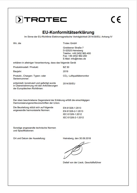 TROTEC CO2 Messgerät BZ30 – Luftqualitätsmonitor, Luftfeuchtigkeit, Temperatur – Messbereich 0 bis 9
