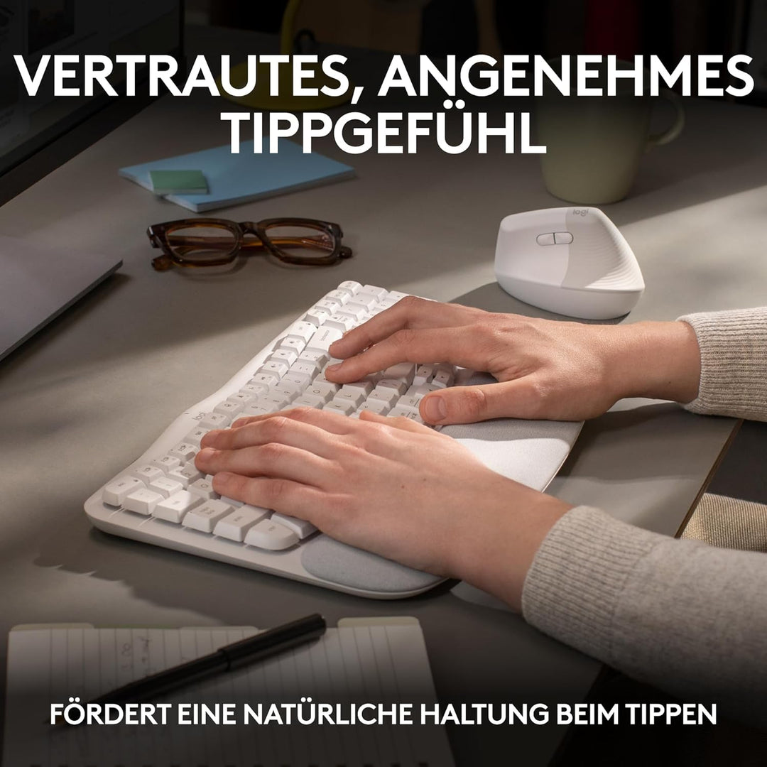 Logitech Wave Keys kabellose ergonomische Tastatur, gepolsterte Handballenauflage, komfortables natü