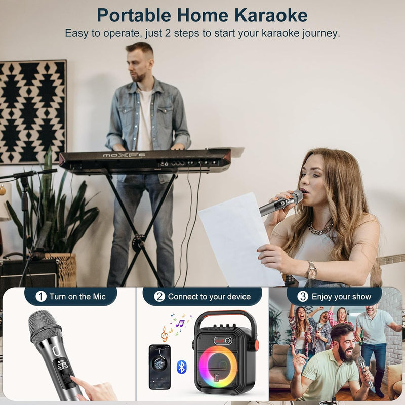 JYX Karaoke Maschine mit 2 kabellose Mikrofones, Tragbaren Bluetooth Lautsprecher mit RGB-Licht Unte