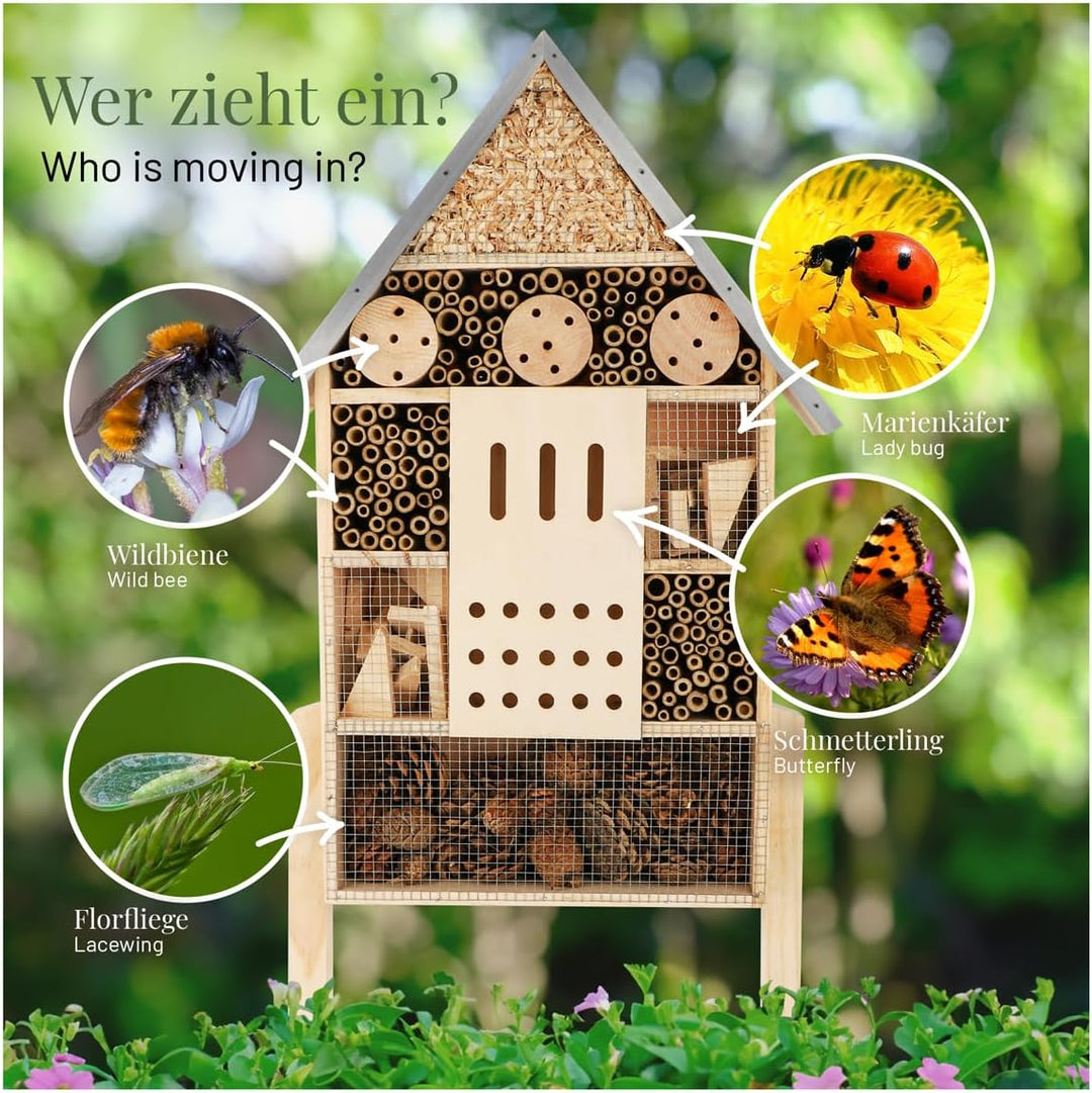 WILDLIFE HOME Insektenhotel XXL Stehend 2 Stück I Bienenhotel mit Standfuss 79 cm &amp; Metalldach I Gro