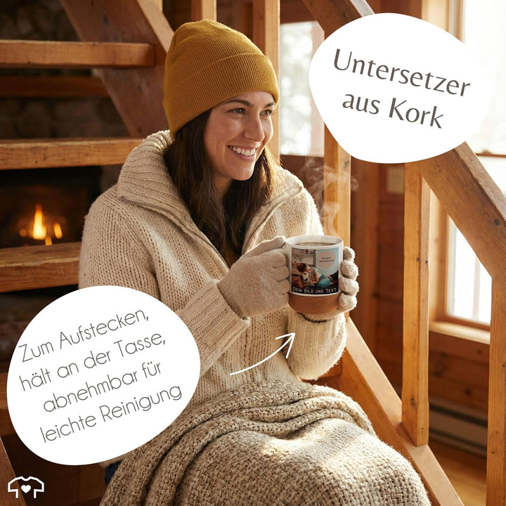 Tasse Untersetzer Kork - Foto Bild Geschenk I Dein Bild und Text - 330 ml - Weiss Matt - korkboden p