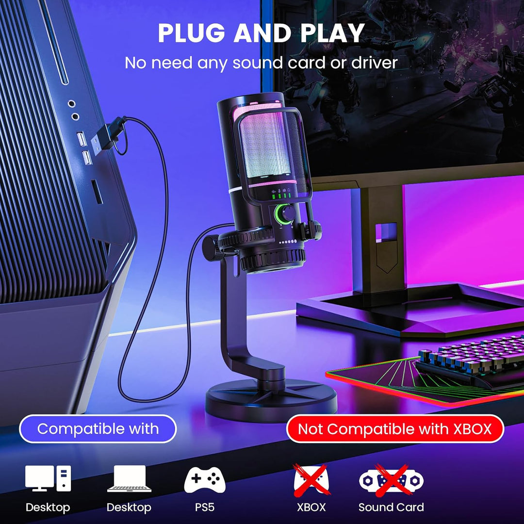 SINWE Gaming Mikrofon mit Geräuschunterdrückung & Verstärkungsregelung - USB PC Mikrofon für Streami
