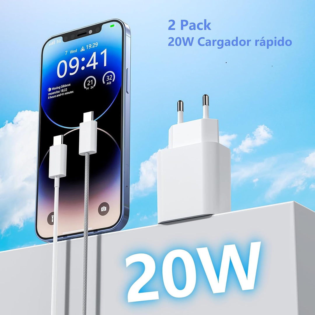 2 Pack 20W USB C Schnellladegerät PD 3.0 für iPhone & iPad + 2m USB-C Schnellladekabel –Handy Ladege