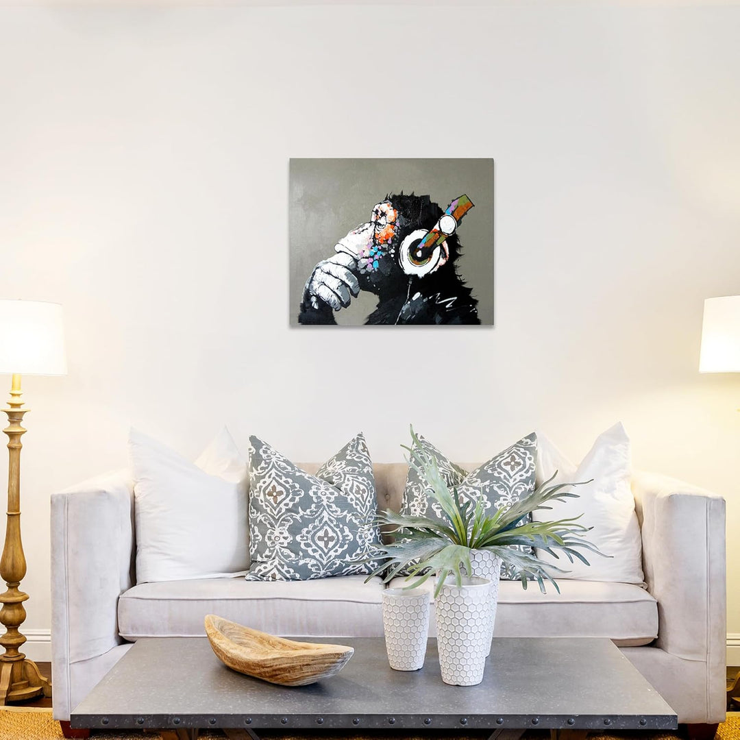 Fokenzary Handgemaltes Ölgemälde auf Leinwand Pop Art Putziger Schimpanse hört Musik mit Kopfhörer m