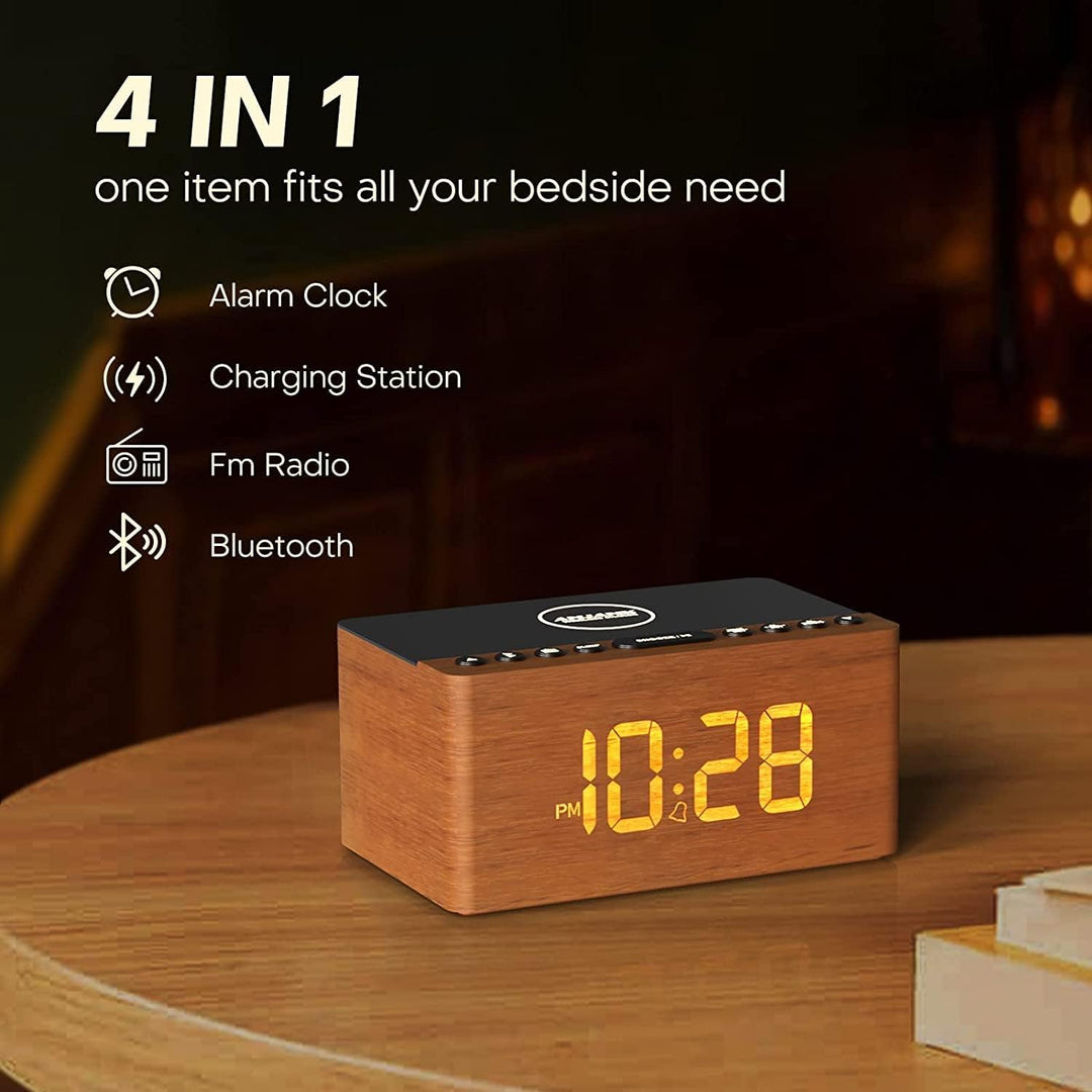 ANJANK Hölzerner Bluetooth-Lautsprecher Radiowecker Digital,Kabellose Ladestation für iPhone/Samsung