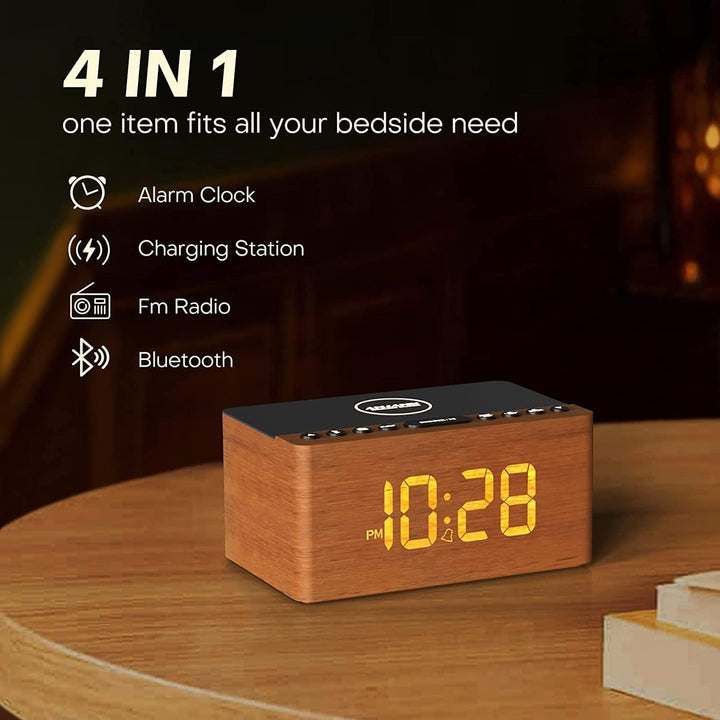ANJANK Hölzerner Bluetooth-Lautsprecher Radiowecker Digital,Kabellose Ladestation für iPhone/Samsung