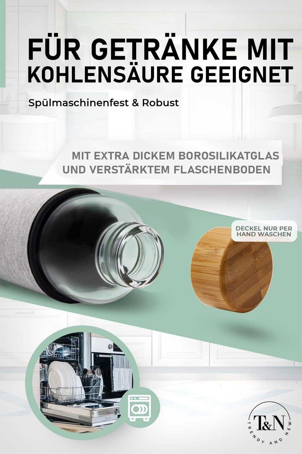 T&N Glasflasche 1 Liter / 750ml / 500ml – Trinkflasche Glas 1l mit Neoprenhülle – Wasserflasche Ausl
