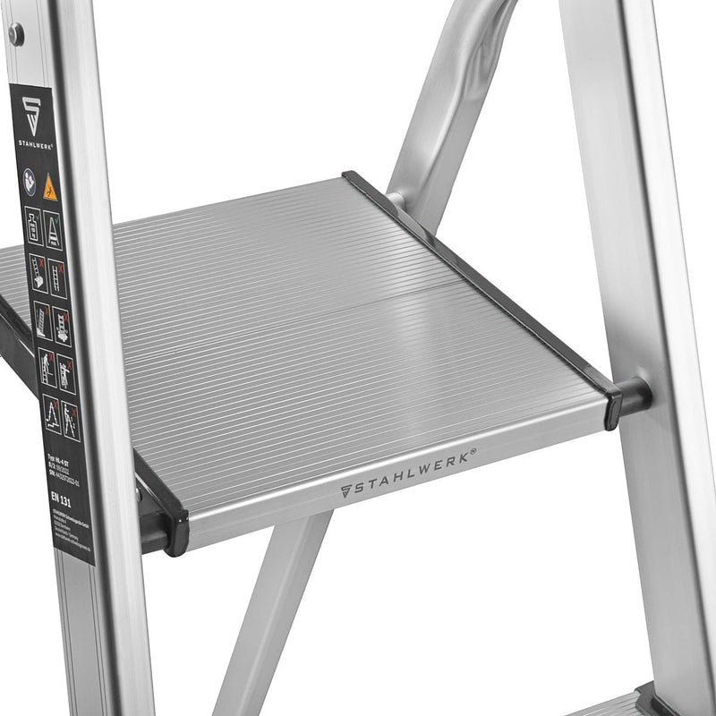 STAHLWERK Stehleiter HL-4 ST 150 kg | 4 Stufen, Standhöhe 78 cm | Aluminium Leiter | Klappleiter | T