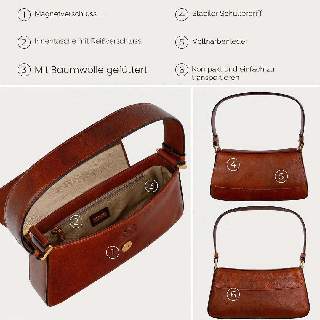 Time Resistance Lederhandtasche - Geldbörse aus Vollnarbenleder für Damen - Umhängetasche Cognac-bra