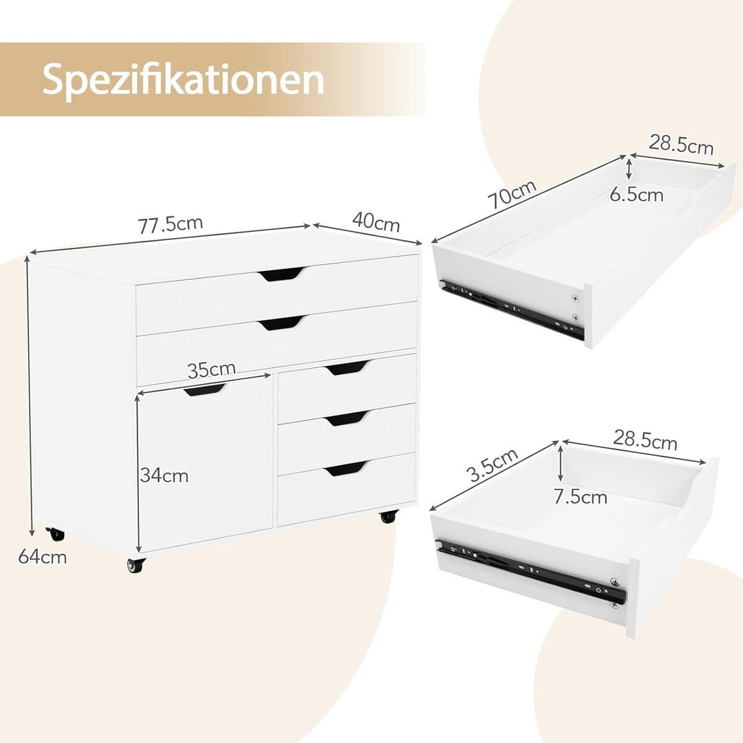GOPLUS Aktenschrank mit 5 Schubladen, Mobile Kommode mit Seitenschrank & 5 Rollen, Rollbarer Bürosch