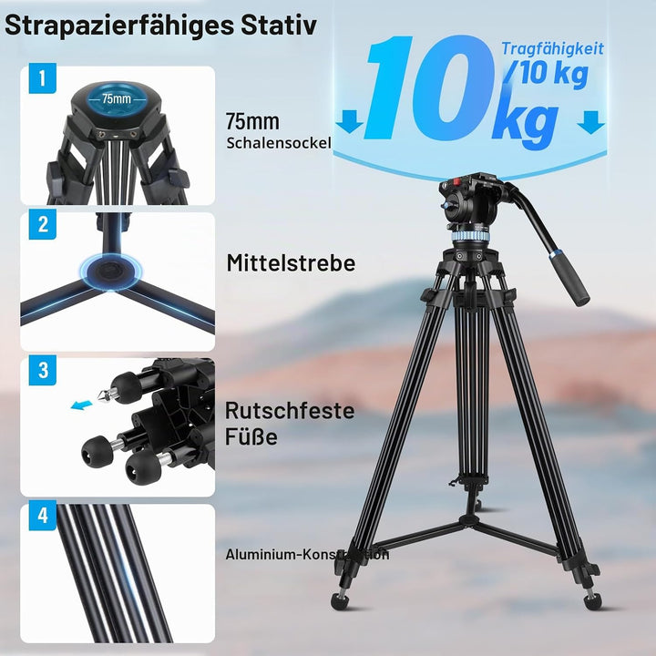 SIRUI AM-15S Aluminium Kamera Video Stativ mit Fluid-Kopf, 155cm professionelles Schwerlast Kamerast
