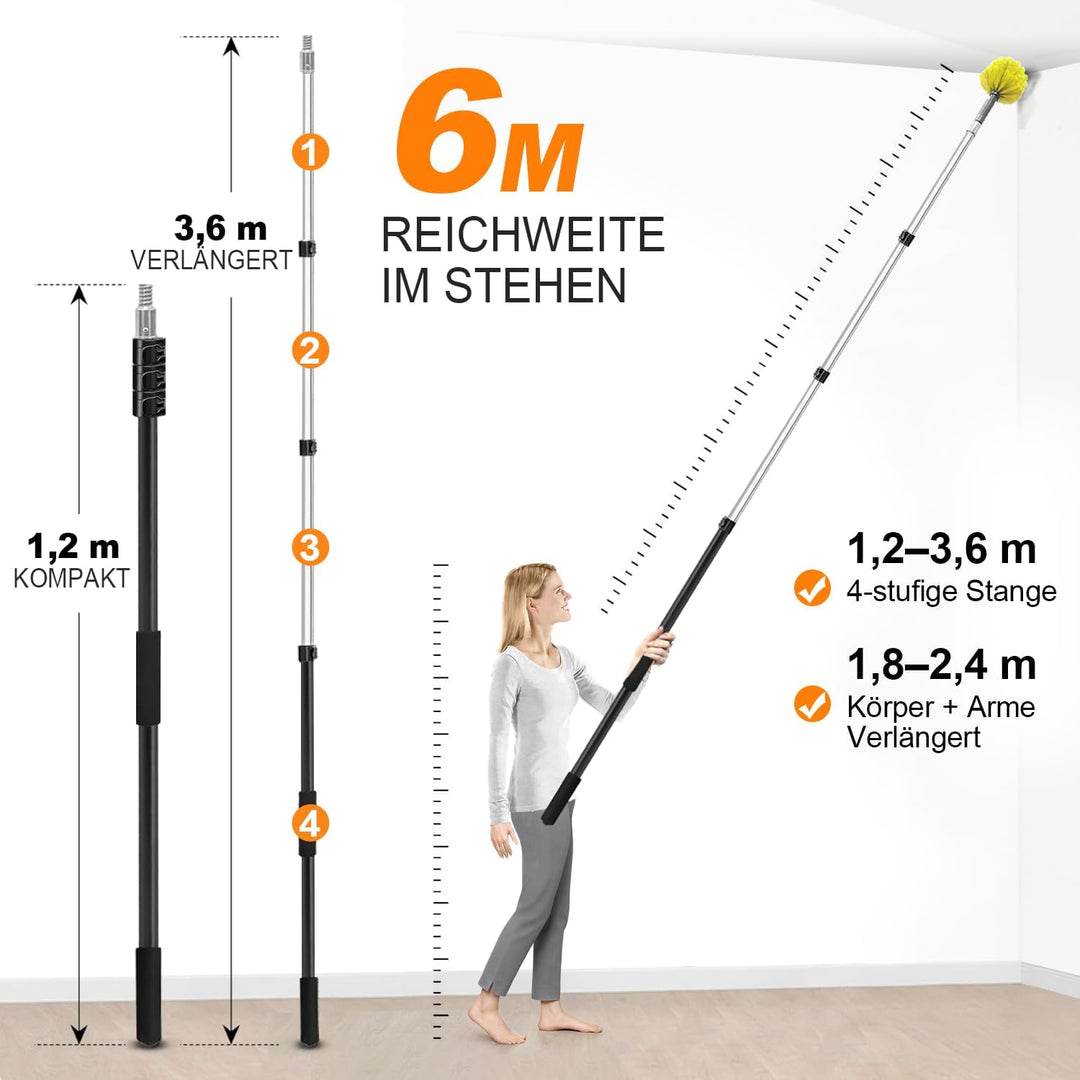 ARTIPOLY 3,6 m Staubwedel mit Teleskop Waschbar, 1,2–3,6 m Langer Staubwedel mit Borsten für die Rei