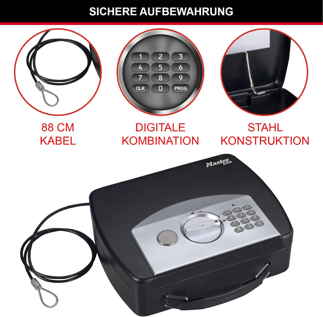 MASTER LOCK Tragbarer Tresor [Zahlenschloss] [mit Kabel] P008EML - Ideal für Elektrogeräten, Ausweis