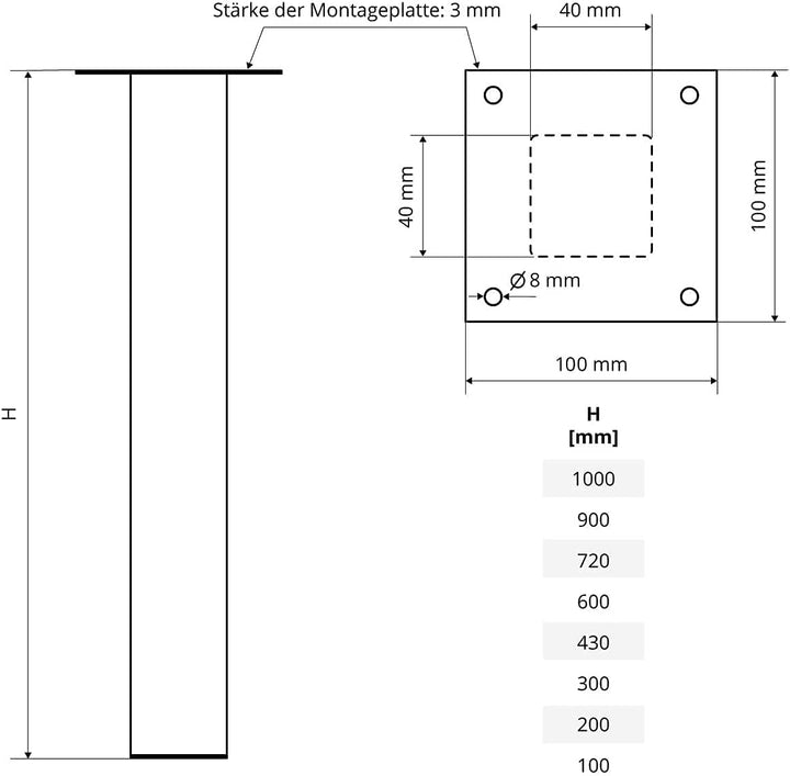 HOLZBRINK Tischbein Eckig, Quadratrohr 40x40 mm, Höhe 43 cm, Grau, 1 Stück, HLT-14A-F-43-7016 1 Stüc