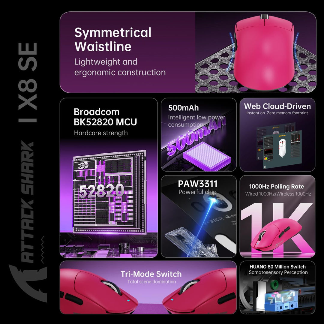 ATTACK SHARK X8SE Mouse for Large Hand, 55g Superlight, PixArt PAW3311 Gaming Sensor, BT/2.4G Wirele