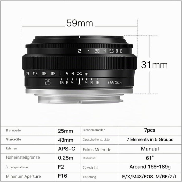 TTArtisan 25mm F2.0 APS-C Manuelles Kamera Objektiv Tragbar Kostengünstig Hochformat Menschheit Stra