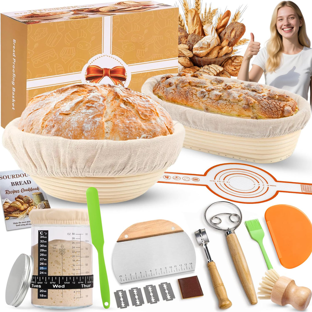 Komplettes Gärkörbchen Sauerteig Starter Set, 2 Gärkorb (25cm Ovale & 23cm Runde), 900ML Sauerteig G