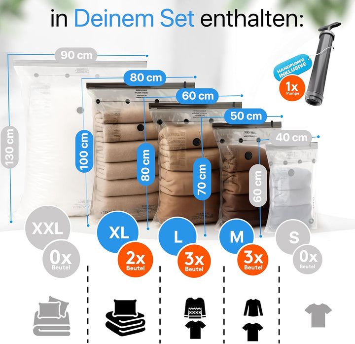 SilverRack XL Jumbo Vakuumbeutel für Kleidung u. Bettdecken [8 Stück] - INKL. HANDPUMPE u. ETIKETTEN