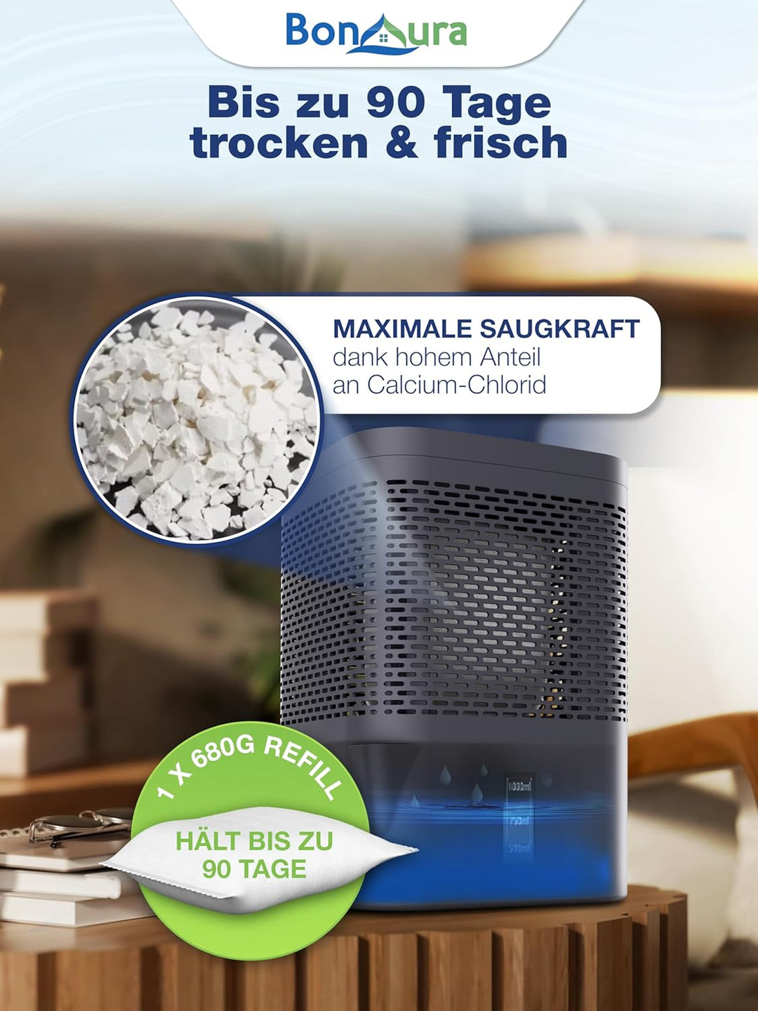 BonAura® Luftentfeuchter Nachfüllpack 4 x 680g - Sparset Luftentfeuchter Granulat - 4er Set Entfeuch