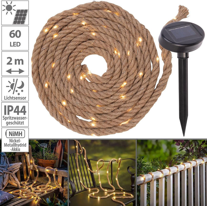 Lunartec Solar-Jute-Lichterkette: Solar-Seil-Lichterkette aus Naturfasern mit 60 eingearbeiteten LED