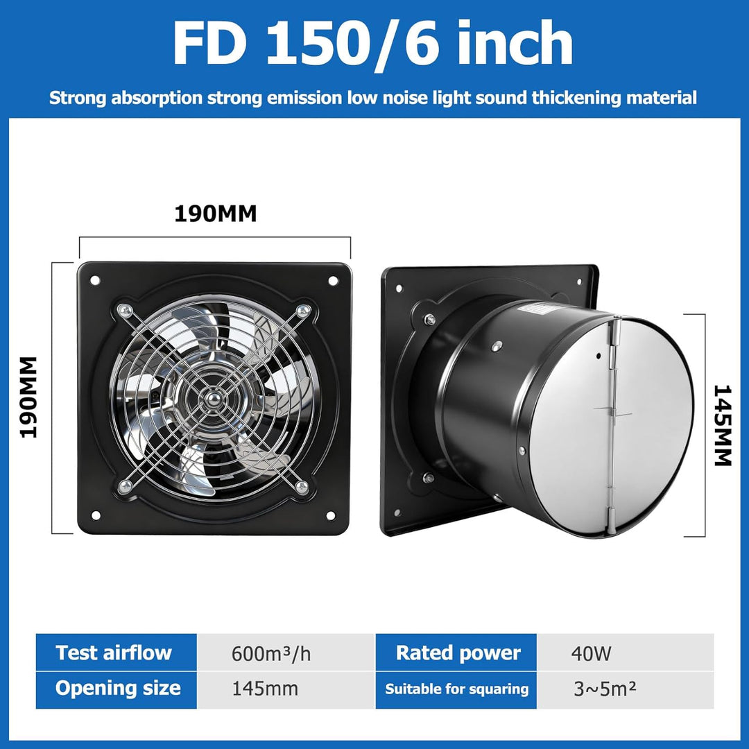 150mm Abluftventilator 600m³/h, badlüfter 150mm mit Rücklaufklappe, Rauchabzug Wandventilator Abluft