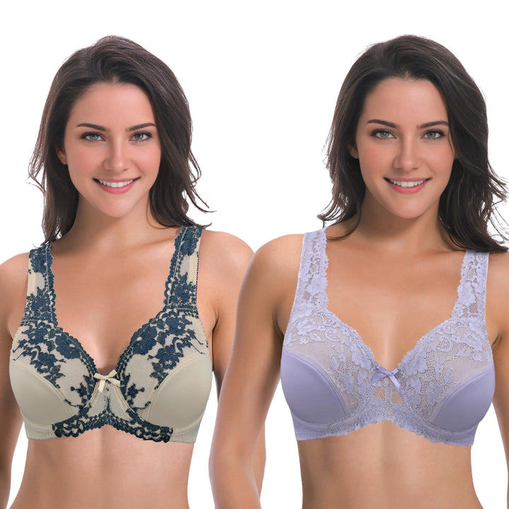 Curve Muse Damen Minimizer BH Ungefüttert Bügel Spitzenstickerei - 2er Pack 75D Lavendel, Nackt(2er