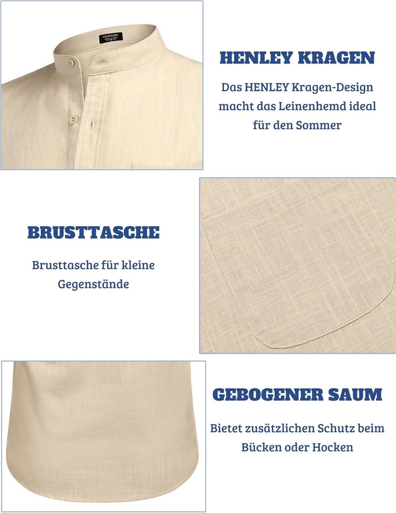 COOFANDY Leinenhemd Herren Langarm Hemd Sommer Stehkragenhemd Regular Fit Freizeithemd mit Brusttasc