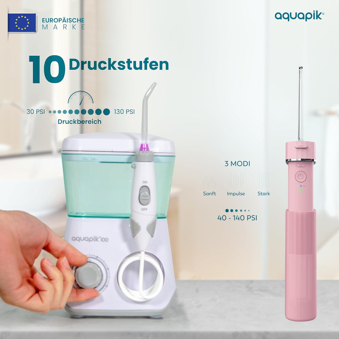 Aquapik® DUO Munddusche Aquapik® 100 Desktop + Aquapik® Mini, tragbar, von Zahnärzten empfohlen + Pl