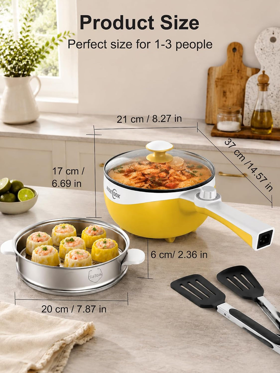 Audecook Elektrischer Topf mit Dampfgarer, 1.7L Mini Elektrische Bratpfanne für Wohnheim Antihaftbes