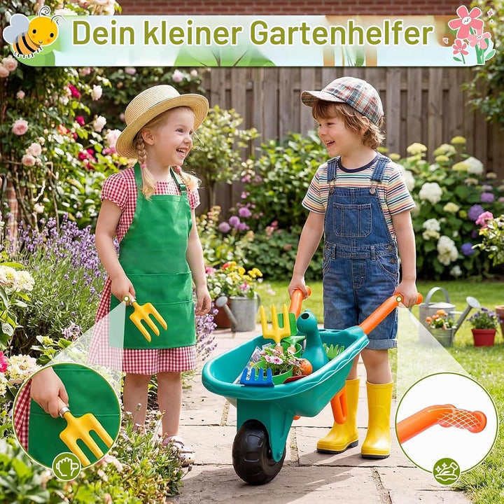 deAO Gartenset Kinder, Gartengeräte Spielzeug mit Schubkarre, Schaufel, Rechen, Blumentöpfe, Handsch
