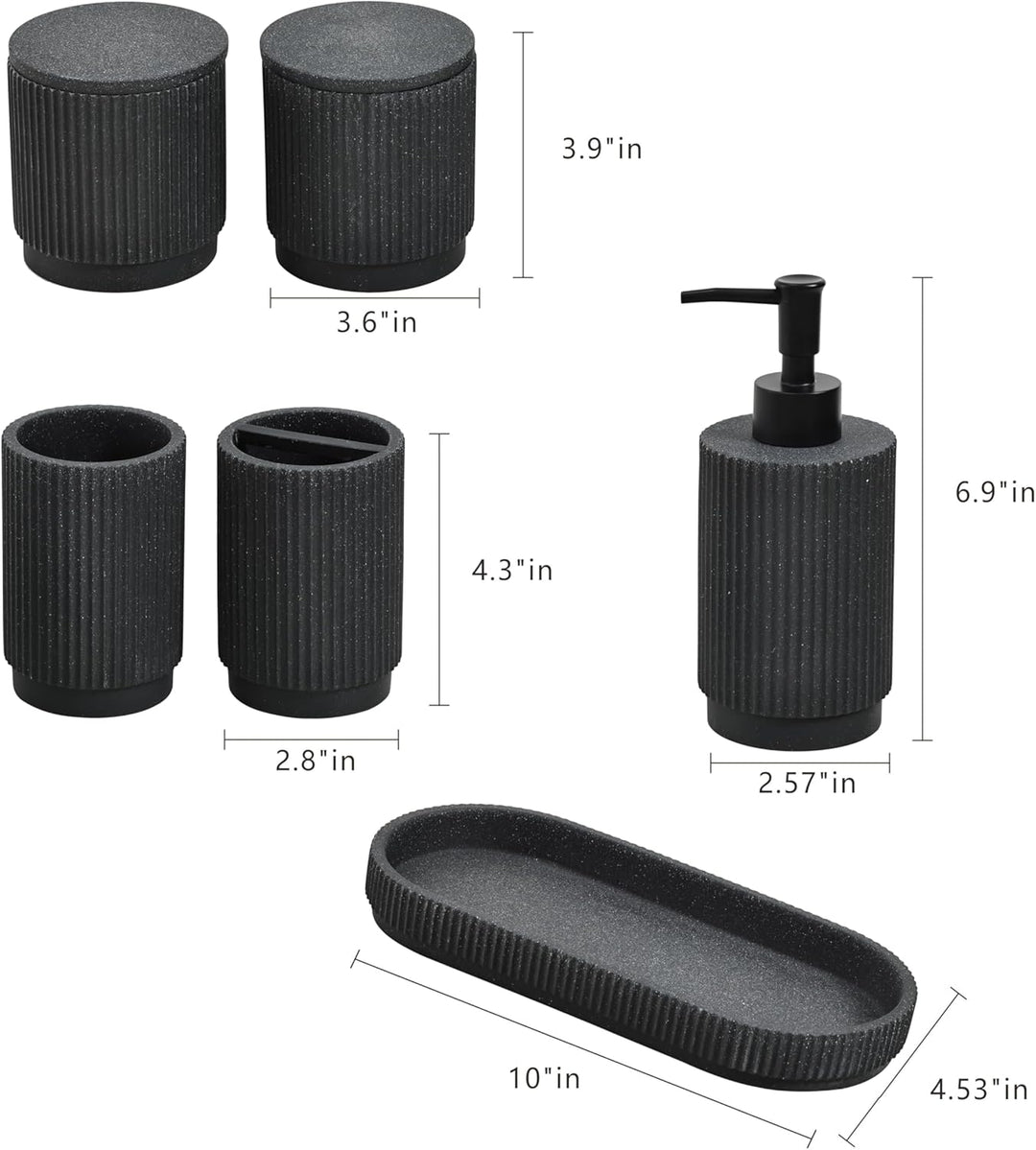 Badezimmer Set 6-TLG | Seifenspender + Zahnputzbecher mit Tablett & Wattestäbchenbox | Design Streif