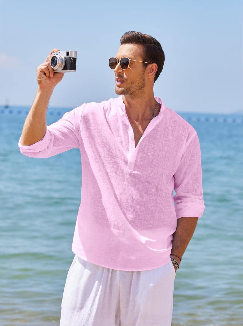 COOFANDY Herren Hemd Langarm Henley Shirt Leinenhemd Baumwolle Casual Regular Fit Sommerhemd M Rosa,