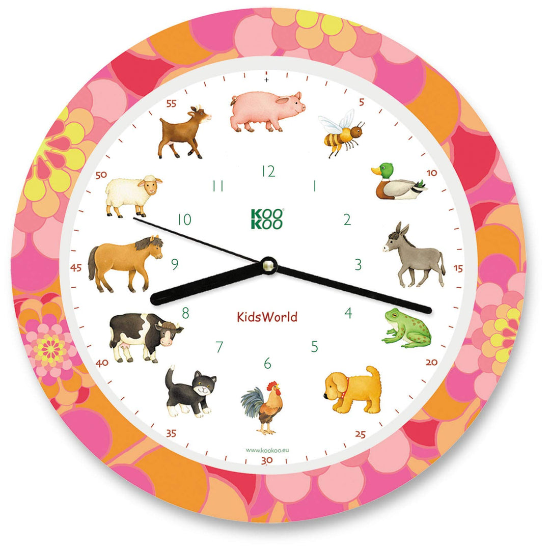 KOOKOO KidsWorld Sunny Flower, Bauernhofuhr mit 12 echten Tierstimmen vom Land, Quarzwerk, 34cm