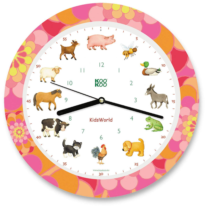 KOOKOO KidsWorld Sunny Flower, Bauernhofuhr mit 12 echten Tierstimmen vom Land, Quarzwerk, 34cm