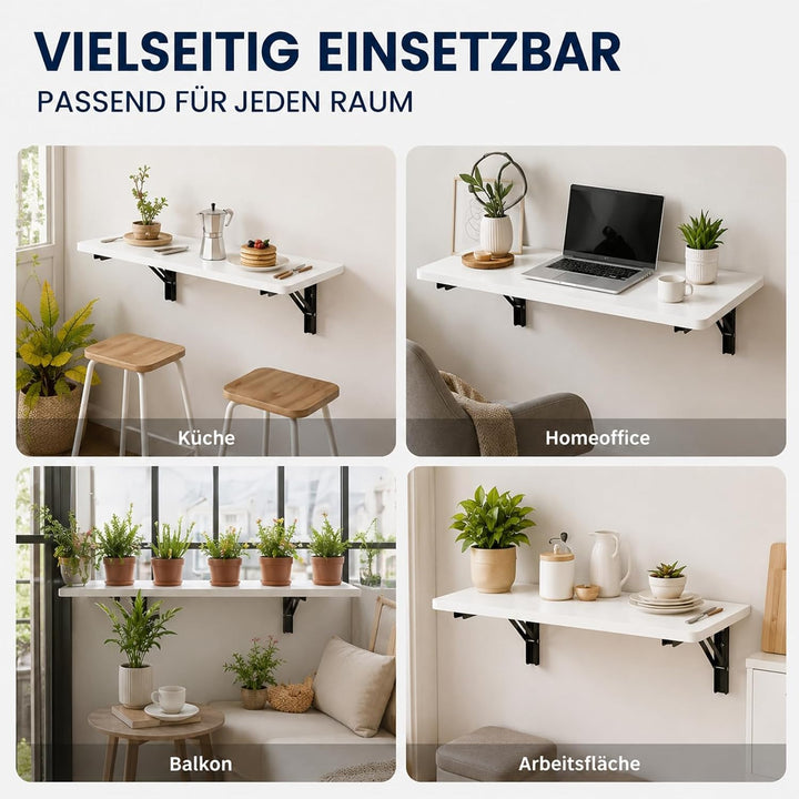 Wandklapptisch 60x40 cm Weiss, Klapptisch Wandmontage, 40 kg | Platzsparender Klapptisch aus Holzwer