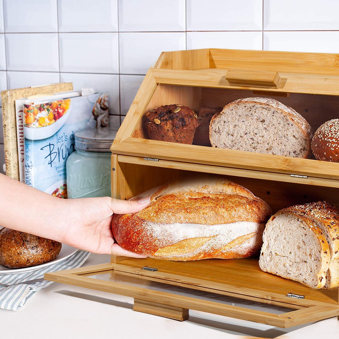 Bambus Brotkasten mit Belüftung, Grosser Brotbox, 2 Etagen und Sichtfenster, Holz Brotbehälter für H