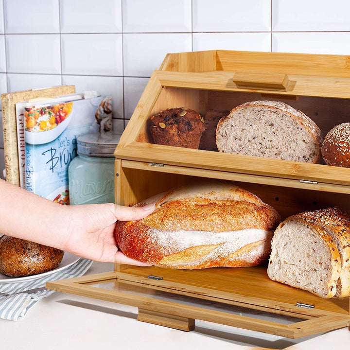 Bambus Brotkasten mit Belüftung, Grosser Brotbox, 2 Etagen und Sichtfenster, Holz Brotbehälter für H