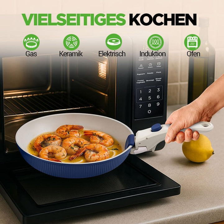 NutriChef Topfset 18 Teilig Keramik Blau mit Abnehmbaren Griffen Induktion Topf und Pfannenset Antih